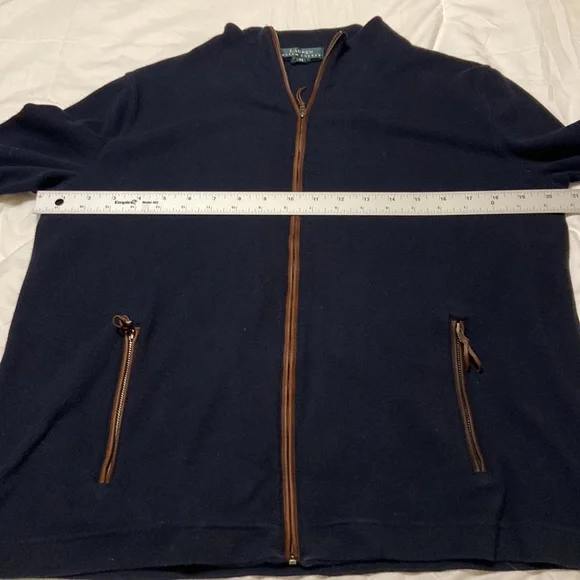 Ralph Lauren Navy Full Zip Up Mock Sweater, Navy/Brown Faux Trim Size M, EUC - Picture 7 of 13
